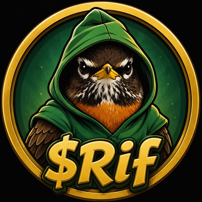 A circular emblem featuring a fierce hawk or falcon wearing a green hood, with the text '$RIF' displayed prominently in gold lettering.