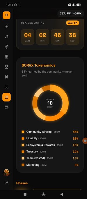 A countdown timer shows 4 days, 2 hours, 46 minutes, and 38 seconds until the August 17 CEX/DEX listing of the $ORVX token, which features a total supply of 1 billion tokens with 35% allocated to a community airdrop.