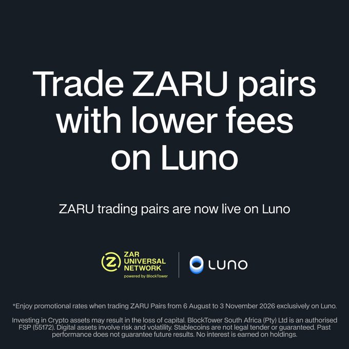 Advertisement reading 'Trade ZARU pairs with lower fees on Luno', promoting ZAR trading pairs on the Luno platform by BlockTower.
