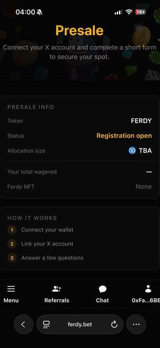A mobile screenshot of a 'Presale' page for a 'FERDY' token, showing 'Registration open' status and instructions to connect a wallet, link an X account, and answer questions at ferdy.bet.