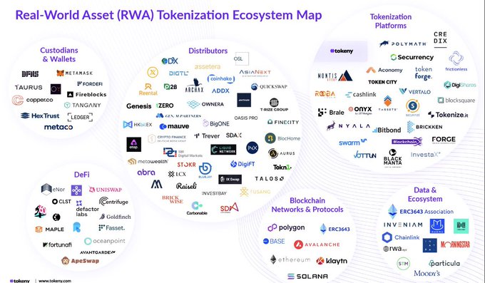 An infographic titled 'Real-World Asset (RWA) Tokenization Ecosystem Map' by Tokeny, displaying various crypto-related companies categorized into Custodians & Wallets, DeFi, Tokenization Platforms, Blockchain Networks & Protocols, and Data & Ecosystem.