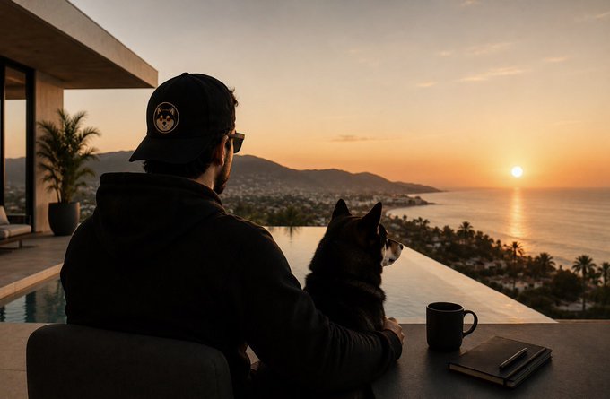 A man in a dark cap and jacket sits beside his husky dog, both silhouetted against a sunset view of the ocean from an infinity pool patio.