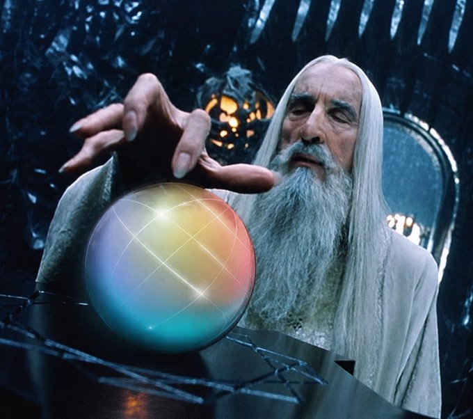 An elderly wizard with a long white beard and robes gazes intently while hovering his hand over a glowing, multicolored crystal ball, channeling mystical foresight to summon the "Solana Superteam" and decide who else deserves a badge. The image evokes the theme of a powerful figure bestowing recognition upon worthy recipients, much like granting an exclusive pass.