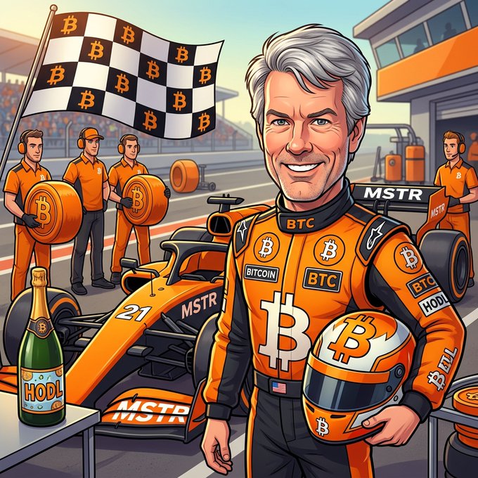 A digital illustration depicting a smiling man in an orange racing suit covered with Bitcoin and 'BTC' logos next to a race car marked 'MSTR', with crew members, a Bitcoin checkered flag, and a champagne bottle labeled 'HODL' in the background.