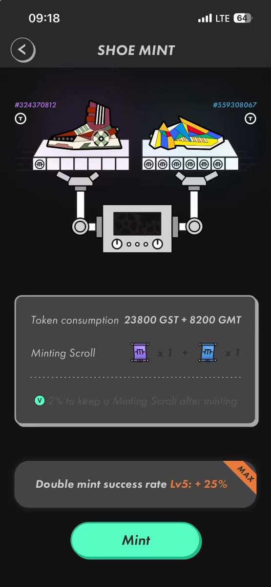 The image shows a phone screen with an app called "Shoe Mint", which appears to be a mobile game or application related to shoes. There are two pairs of shoes displayed, one on top of the other, both placed on shelves. The user interface is simple and straightforward, with a green button in the bottom left corner that says "#stepn #mint". This button might be used for navigating through the app or interacting with it.