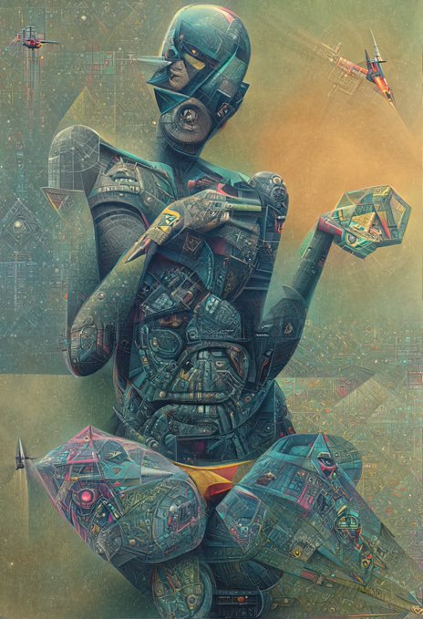 A detailed digital illustration of a futuristic cyborg or robot figure with a teal and metallic body, sitting in a contemplative pose while holding a geometric object, set against a textured, industrial background.