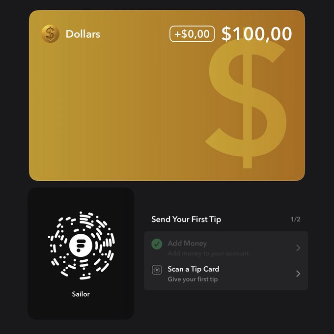 A Flipcash app screen displays a "Dollars" wallet with a $100.00 balance, alongside a "Sailor" tip card QR code and a "Send Your First Tip" checklist showing "Add Money" completed. The image illustrates the giveaway promotion, showing the ready-to-send $100 balance and tip card the poster is encouraging followers to scan in order to receive cash tips via the fee-free Solana-based platform.