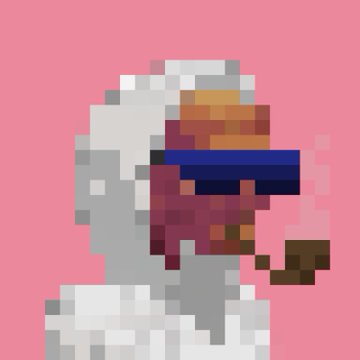 A pixelated digital illustration depicts a person wearing sunglasses and smoking a pipe against a pink background.
