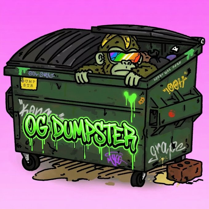 A cartoon-style NFT artwork featuring a gorilla wearing rainbow sunglasses inside a graffiti-covered green dumpster labeled "OG DUMPSTER" against a bright pink background.