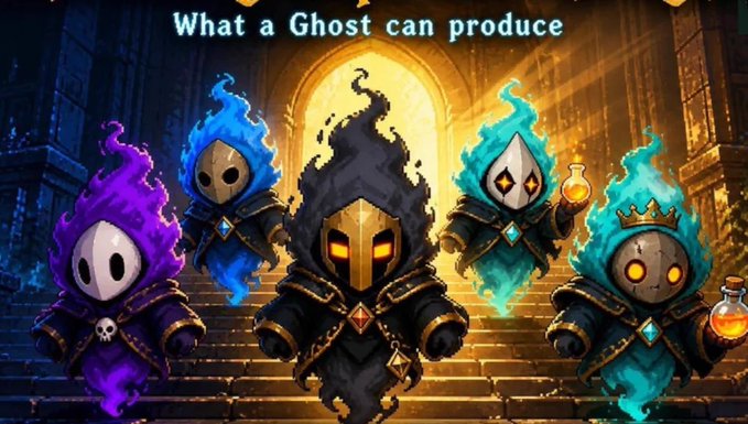 A digital illustration of five hooded ghost-like figures in purple, blue, black, teal, and turquoise colors, with the text 'What a Ghost can produce' at the top.