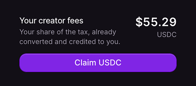 A screenshot displays "Your creator fees $55.29 USDC" with a purple "Claim USDC" button, supporting the post's claim of earning $55 in USDC as a creator fee opportunity on the Argus meme launchpad.