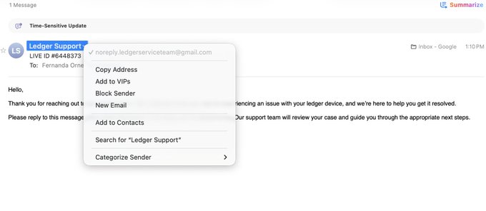 An email from Ledger Support with a dropdown menu showing options to copy address, add to VIPs, block sender, mark as new email, add to contacts, search for 'Ledger Support,' and categorize sender.