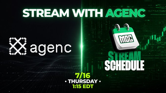 Promotional graphic for a "Stream with AGENC" event scheduled for Thursday 7/16 at 1:15 EDT, featuring the AGENC logo and MCG calendar icon against a green stock chart background, serving as a visual teaser for upcoming MCG streaming schedule announcements.