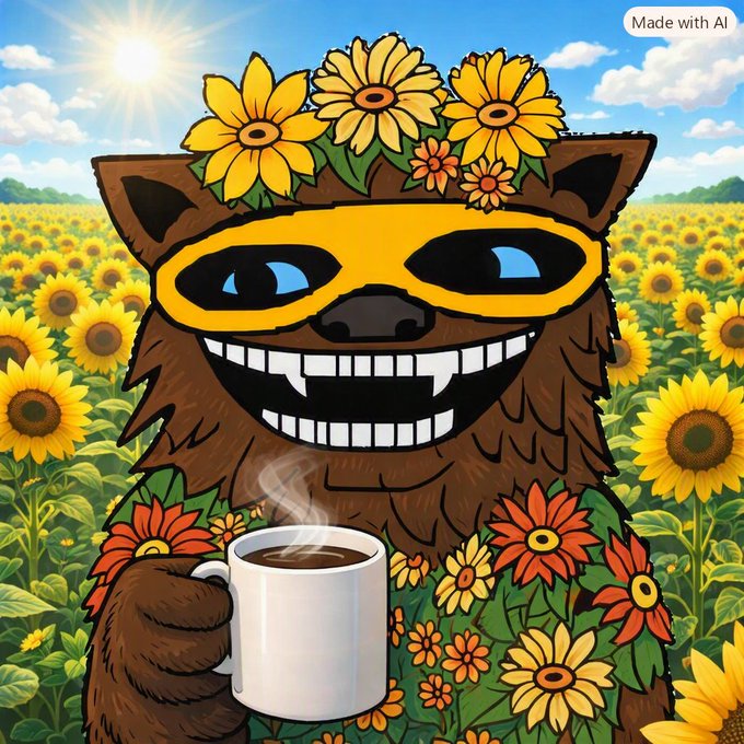 A cartoon-style illustration of a smiling brown furry creature wearing a yellow mask and flower crown, holding a steaming white coffee mug in a sunflower field, marked 'Made with AI'.