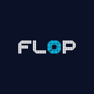 A pixel-art style logo for 'FLOP' displayed on a dark blue background, with the 'O' rendered in a bright cyan color.