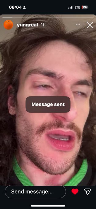 A screenshot of an Instagram story from user 'yungreal' featuring a man with curly hair and a mustache, with a 'Message sent' notification overlay.