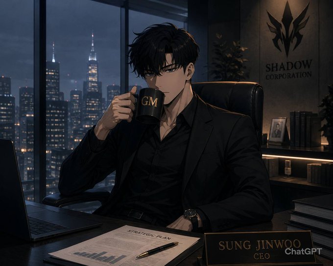 An anime-style illustration of a man in a black suit drinking coffee from a 'GM' mug in a high-rise office. Documents labeled 'STRATEGIC PLAN' and a nameplate reading 'SUNG JINWOO CEO' are on the desk, with a 'CHAT GPT' logo and 'SHADOW CORPORATION' sign behind him.