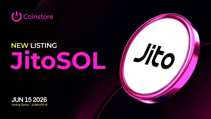 The image features a pink coin with white text that says "JITOSOL" written on it, along with some numbers. The background of the image is black, which contrasts with the pink coin. Below the coin, there's a post announcing a new listing for JITOSOL and providing details about when the listing will open.