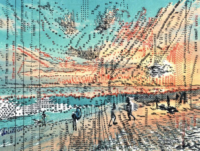 A mixed-media artwork depicting a beach sunset scene with figures, overlaid with printed text and symbols resembling a knitting pattern or chart.