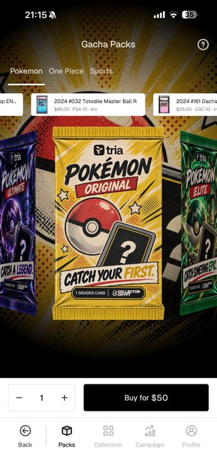 A mobile app screenshot of the 'Gacha Packs' store showing various Tria Pokémon trading card packs, including '2024 #032 Totodile Master Ball', with a selected quantity of 1 and a 'Buy for $50' button.