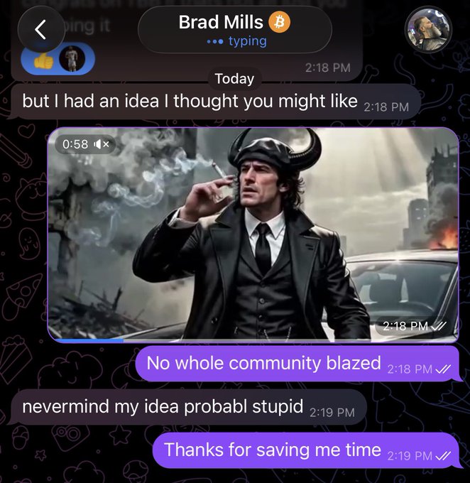 The image shows a Telegram conversation where someone named Brad Mills shares a video of a man with devil horns smoking, followed by messages about an "idea" and a "whole community blazed." This relates to the post's theme of providing value and "the pitch" for the $TBB community.