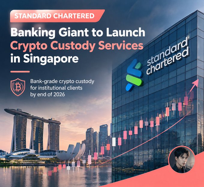 A news graphic announcing 'STANDARD CHARTERED' as a 'Banking Giant to Launch Crypto Custody Services in Singapore', featuring the bank's logo, the Singapore skyline, and a Bitcoin icon.