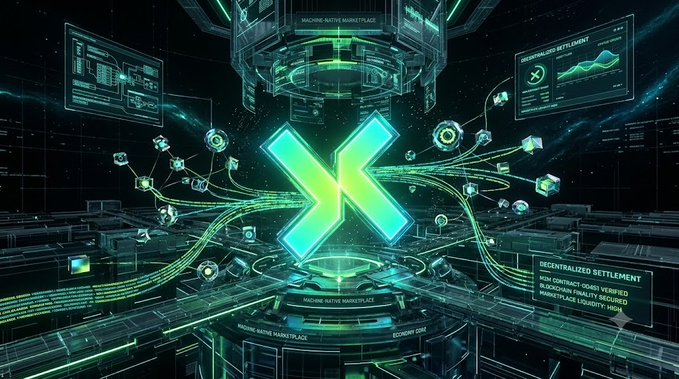 Futuristic digital artwork featuring a glowing green and blue 'X' logo at the center of a high-tech, decentralized settlement marketplace environment.