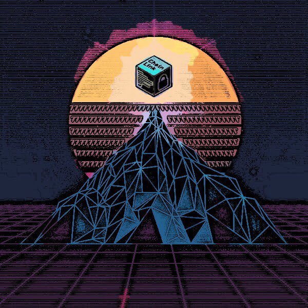 A synthwave-style digital illustration featuring a geometric wireframe pyramid on a grid floor, a striped retro sunset, and a floating cube labeled 'Chain Link'.