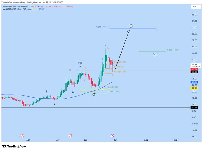 The image is a TradingView chart of WhiteFiber, Inc. (WYFI) on the daily timeframe, displaying Elliott Wave analysis with labeled waves 1 through 4, showing a current retest of the Wave 1 high around $32-34, with projected Wave 3 target of 1.618 extension at $59.15 and Wave 4 retracement zone near 0.382 at $44.88, supporting the post's bullish outlook for the stock's safest entry level.