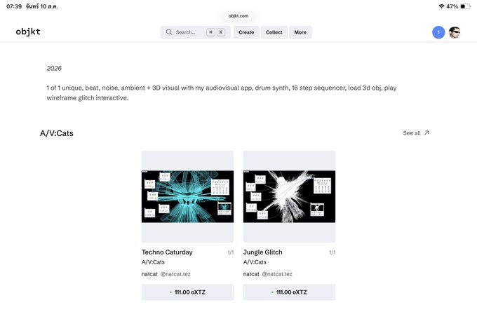 A screenshot of the objkt.com NFT marketplace page showing a collection titled 'A/V:Cats' with items 'Techno Caturday' and 'Jungle Glitch' by natcat, priced at 111.00 oXTZ each.