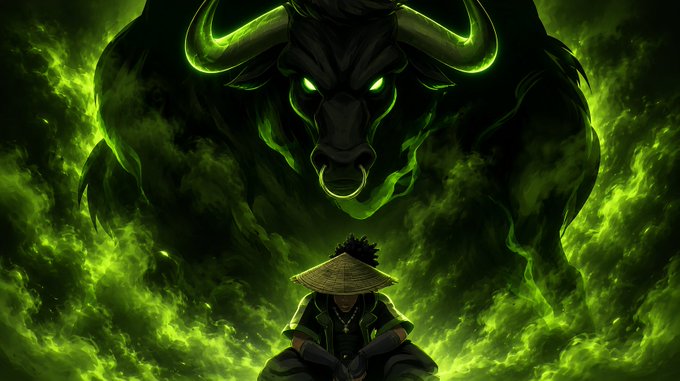 A hooded warrior in a straw hat meditates calmly in the foreground while a massive, menacing bull spirit with glowing green eyes and a nose ring looms behind him amid swirling emerald flames. The image evokes Solana's bull symbol and the post's call to "DROP YOUR $SOL WALLET," portraying the figure as a resolute trader standing firm against the powerful, volatile forces of the Solana market.