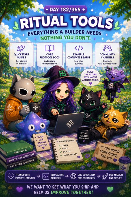 A colorful promotional poster for Ritual Tools (Day 182/365) with anime characters and mascots, highlighting features: Quickstart Guides, Core Protocol Docs, Example Contracts & Dapps, and Community Channels, with the tagline 'Everything a builder needs, nothing you don't.'