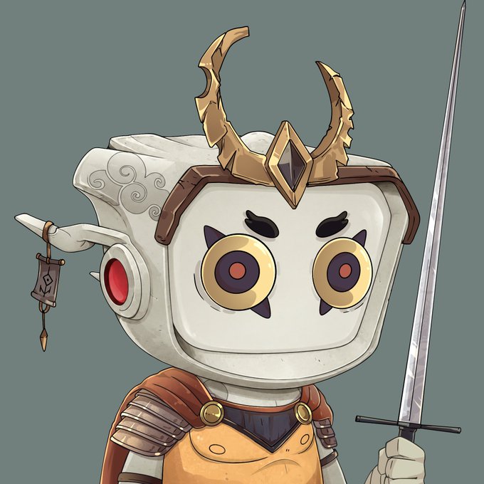 An illustration of a robotic or armored character with a large TV-like head, golden eyes, a horned crown, and armor, holding a sword.