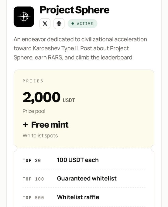 Promotional card for Project Sphere, an active campaign aimed at civilizational acceleration toward Kardashev Type II, offering a 2,000 USDT prize pool and free mint whitelist spots for top 500 participants.