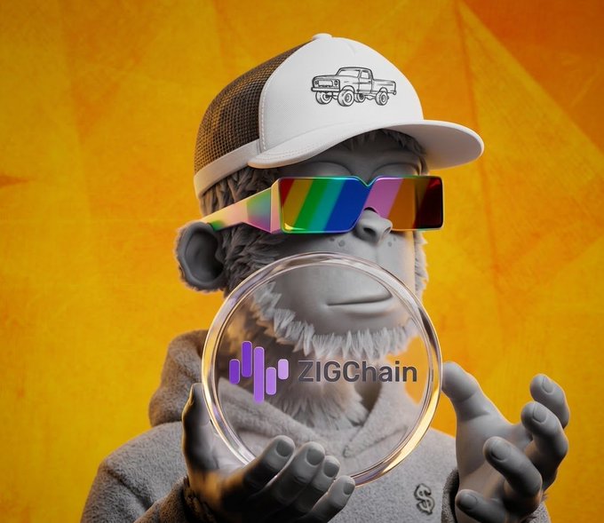 A 3D render of a stylized monkey character wearing a trucker hat and rainbow-lens sunglasses, holding a glowing orb displaying the 'ZIGChain' logo against an orange background.