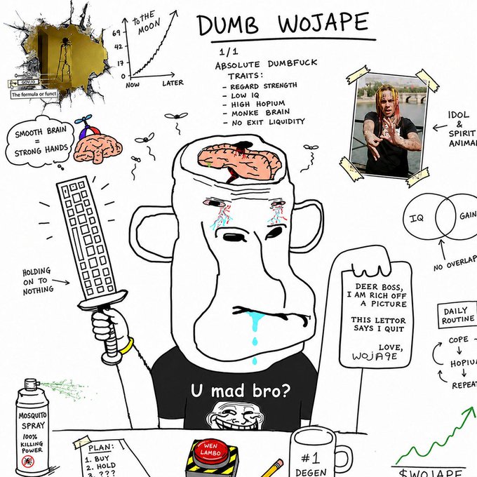 A chaotic hand-drawn meme illustration titled 'DUMB WOJAPE' featuring a crying cartoon figure holding a keyboard, surrounded by various satirical annotations including 'SMOOTH BRAIN = STRONG HANDS', '1/1 ABSOLUTE DUMBFUCK TRAITS', and 'NO EXIT LIQUIDITY'.