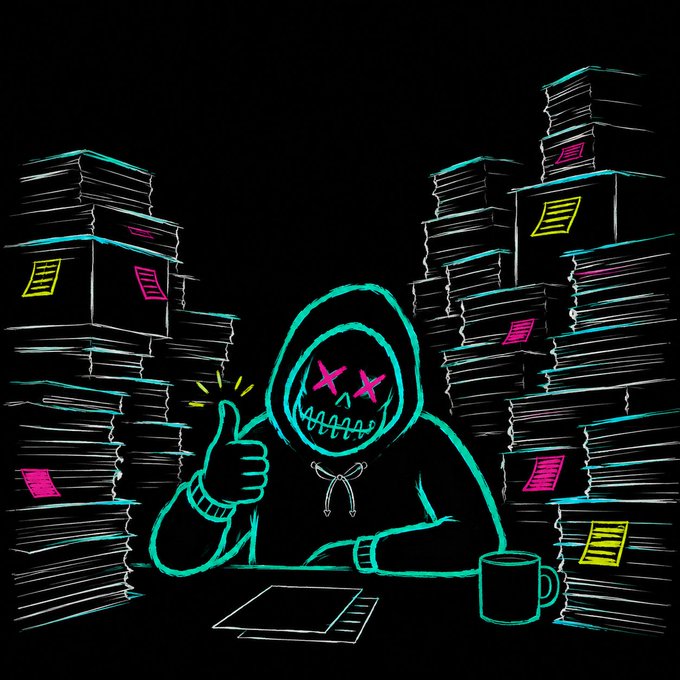 A neon-style sketch of a hooded figure with X's for eyes giving a thumbs-up, sitting between two tall stacks of papers against a black background.