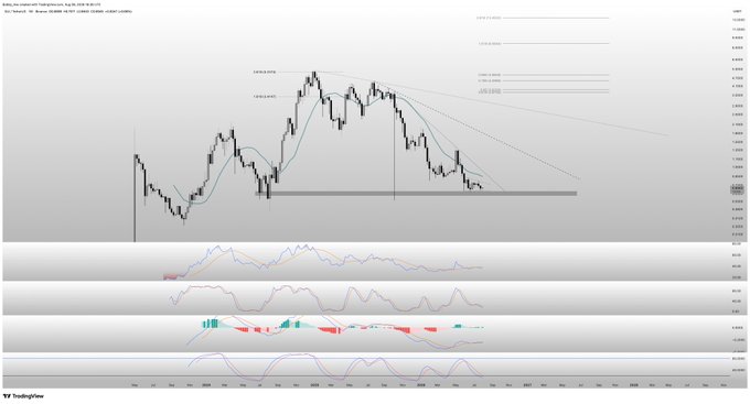 A weekly TradingView chart of SUI/USDT showing price action consolidating above a key horizontal support (green line) near 3.50, with descending trendlines from the highs converging, suggesting a potential breakout setup as indicated by the caption.