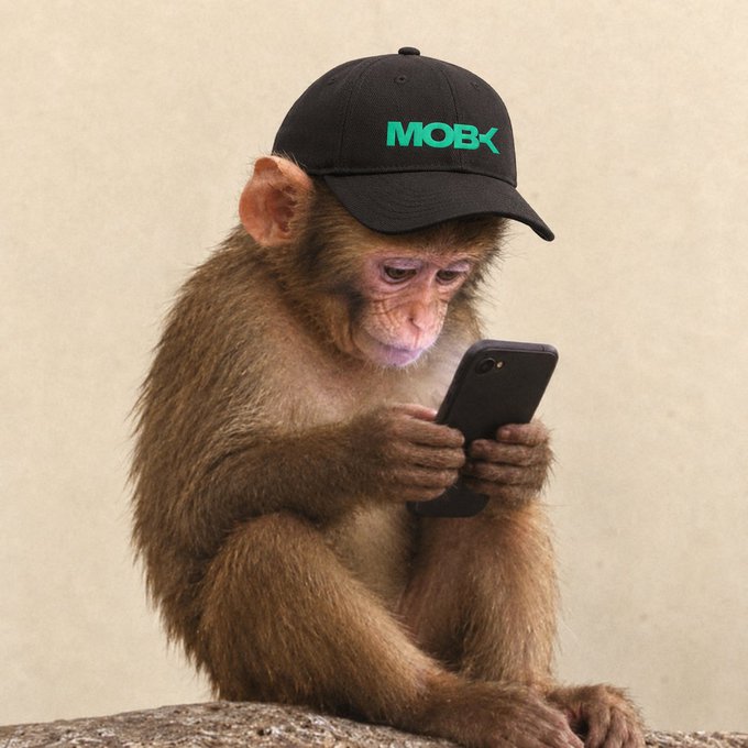 A young monkey wearing a black cap with "MOBX" in teal lettering intently stares at its smartphone, perfectly capturing the "gmoby" persona reading "smart money" before making a trading decision ("aping in"). The image humorously personifies the cautious research phase crypto traders take before jumping into a meme coin like MOBX.