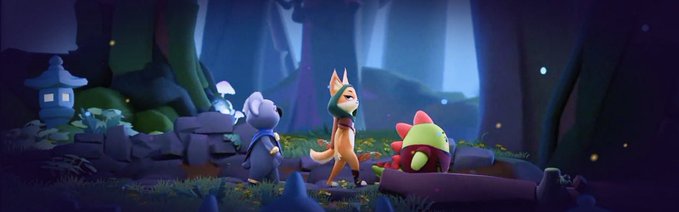 A whimsical 3D-animated scene showing small cartoon animals, including a mouse, a wolf-like character in a green hood, and a creature in a red hat, standing in a mystical forest at night.