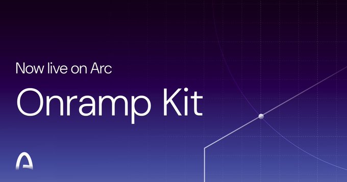 A digital announcement on a purple background reads 'Now live on Arc Onramp Kit' featuring a line graph and the Arc logo.