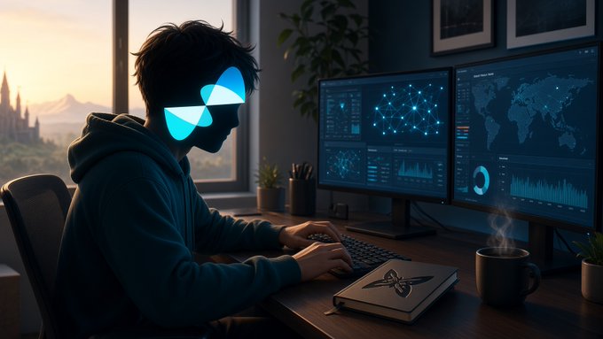 A hooded figure with a glowing blue mask works at a dual-monitor setup displaying network graphs, data analytics, and a world map, with a steaming coffee mug and laptop nearby.