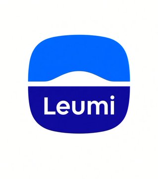The Leumi bank logo, featuring a stylized blue icon with a white wave design and the word 'Leumi' in white text on a darker blue background.