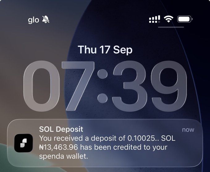 An iPhone lock screen notification showing a SOL Deposit, with a message reading "You received a deposit of 0.10025.. SOL ₦13,463.96 has been credited to your spendr wallet" displayed at 07:39 on Thu 17 Sep.