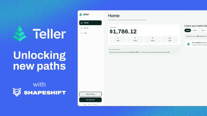 Promotional graphic for Teller featuring the logo and the tagline 'Unlocking new paths with SHAPESHIFT' alongside a dashboard showing a balance of $1,786.12.