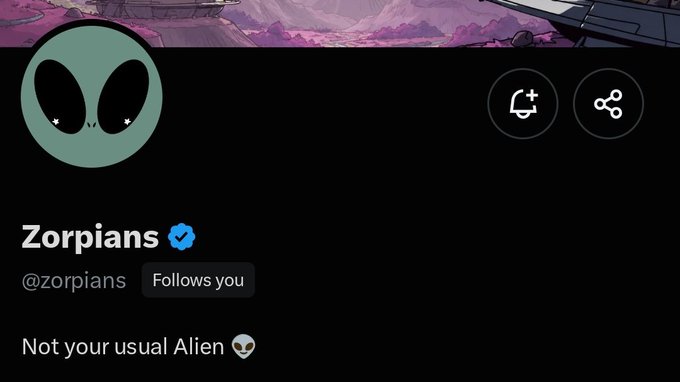 The image shows a Twitter/X profile for "Zorpians" (@zorpians), featuring a green alien avatar and the bio "Not your usual Alien 👽." This aligns with the post announcing the upcoming Zorpians NFT mint with a 4,000 supply and a $3-$4 mint price, emphasizing the project's unique alien-themed identity.
