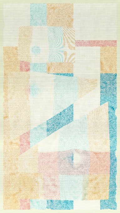 An abstract artwork featuring geometric shapes and patterns in pastel colors of pink, blue, yellow, and cream with a textured, striped overlay.