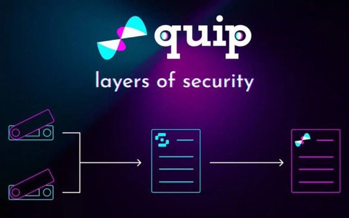 The image shows a diagram of Quip's network with two blue bows representing layers of security. The bow on top indicates that Quip's network is designed for real-time matching of demand with available resources, while the bow at the bottom suggests that Quip continuously rebalances its network to optimize performance and allocate resources efficiently.