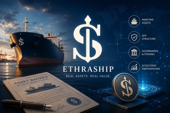 An advertisement for "ETHRASHIP - REAL ASSETS. REAL VALUE." featuring a large cargo ship, a central logo with a dollar sign, an asset-backed certificate, a coin, and icons for "MARITIME ASSETS," "SPV STRUCTURE," "GOVERNANCE & STAKING," and "ECOSYSTEM PARTICIPATION."