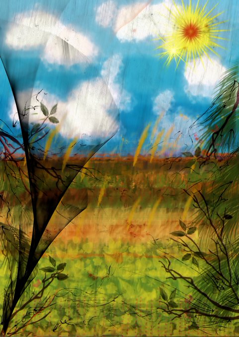 A stylized digital painting of a landscape with a bright sun, blue sky with clouds, and a field of grass and foliage rendered in an artistic, painterly style.